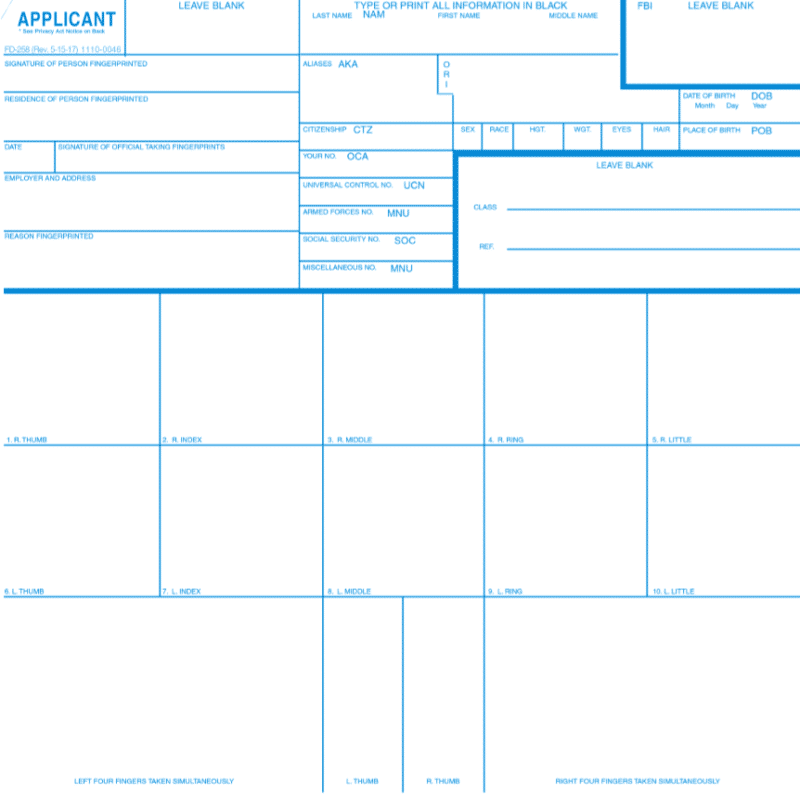 Fd 258 fingerprint cards blue biometric impressions fbi card